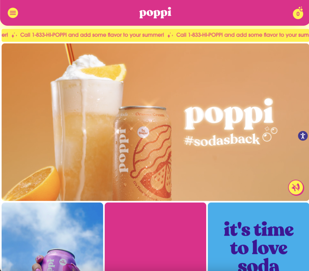 Vibrant color clashing on Poppi's website, illustrating a 2024 web design trend.